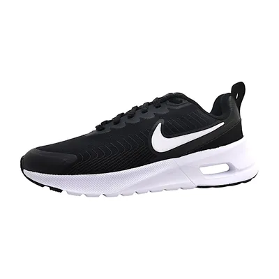 A black Nike Air Max Nuaxis sneaker with a white Nike swoosh logo, shown from the side against a white background.