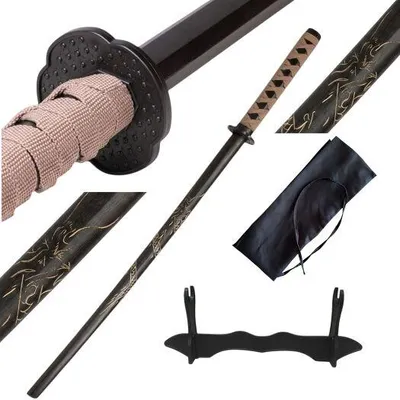 Zdjęcie produktu dla Bokken drewniany miecz anime katana cosplay 100cm, dekoracja domu, motyw smoka wygrawerowany na ostrzu | 1807D