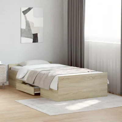 Image de Lit de luxe avec rangement, en bois imitation chêne Sonoma, dimensions 80 x 200 cm