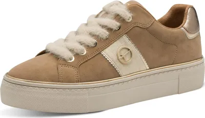 A single brown sneaker with cream laces and gold accents is shown against a white background.