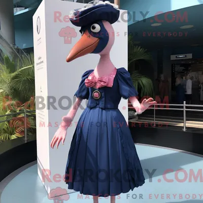 Produktbild von Maskottchenfigur REDBROKOLY eines marineblauen Flamingos mit Empire-Kleid und Kummerbund