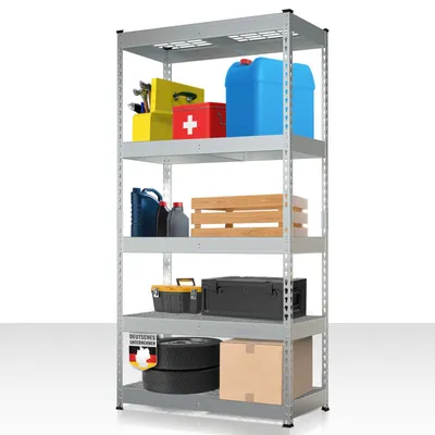 Produktbild von Schwerlastregal Verzinkt Yukon Rivet, 180 x 90 x 45 cm, Stahlregal mit Gitterböden, 250 kg Tragkraft je Etage, Lagerregal mit 5 Etagen, Regal Keller