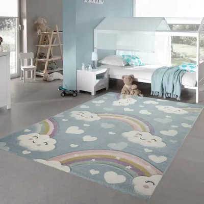 Produktbild von Kinderteppich Kinderzimmerteppich Regenbogen mit Wolken und Herzen in blau Größe - 120 x 170 cm
