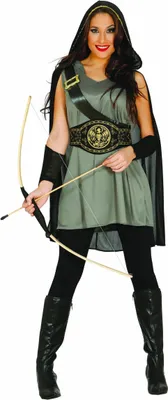 A woman in a medieval-style costume holding a bow and arrow.