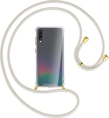 Produktbild von Handykette Backcover-Schutzhülle mit Band (Metall goldfarben) für Samsung Galaxy A70 - broken white