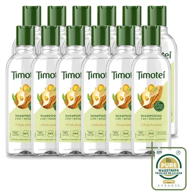 Zdjęcie produktu dla 12 sztuk szamponu Timotei 2w1 z olejem migdałowym, przeznaczony do wszystkich rodzajów włosów, pojemność 300 ml - zestaw ekonomiczny