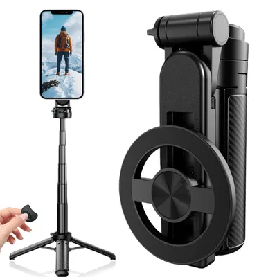 Produktbild von 4-in-1 Selfie Stick Stativ mit Bluetooth-Fernbedienung & 360° Drehung, Magnethalter Smartphone, faltbares Mini-Stativ für iPhone Android Samsung