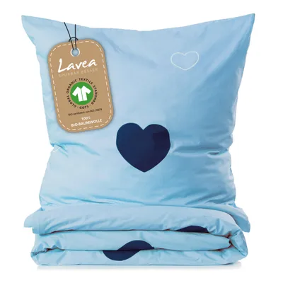 Produktbild von Lavea Matteo Kinder Bettwäsche Set 155x220 cm + 80x80 cm - Baumwolle, Herzmotiv, Reißverschluss, Hellblau Blau