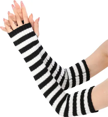 Produktbild von Gestreifte Damen-Ellbogenhandschuhe, Winter-Strick-Armstulpen, Gothic-Punk-Fingerhandschuhe, dehnbare Fäustlinge mit Daumenloch für Alltag und Cosplay