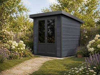 Produktbild von Linholm WPC Gartenhaus Norvia 2020 inkl. Dachrinnen-Set, 2-farbig Dunkelgrau/Anthrazit