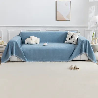 Produktbild von Sofa Überwurfdecke Chenille Sofabezug 1/2/3/4 Sitzer Sofaüberwurf mit Quaste Kuscheldecke Sofaschutz Kratzschutz, Blau, 180×340cm