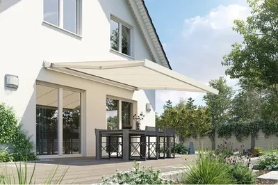 Produktbild von SOLUNA Kassettenmarkise Modern 3,5x2 Stoff Dessin S1469 Gestell RAL 9010 reinweiß Antrieb rechts inkl. Motor und Wandsch