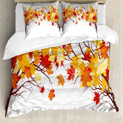 Produktbild von ABAKUHAUS Fallen Bettbezug, Cartoon Ahorn Herbst-Baum, Milbensicher Allergiker geeignet mit Kissenbezügen, 155 cm x 220 cm - 80 x 80 cm, Orange Weiss