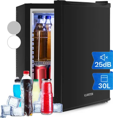 A black mini-refrigerator with its door open, showing bottles and cans inside. Several bottles and ice cubes are placed in front of the refrigerator.