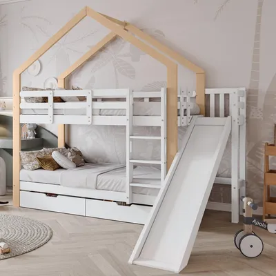 Produktbild von Odikalo Kinderbett Etagenbett Rutsche Leiter Fallschutz 2 Schubladen Massivholz 90x200cm
