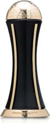 A trophy with a globe on top and gold accents on a white background.