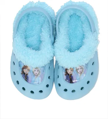 A pair of light blue clogs with fluffy lining and Frozen characters on the front.
