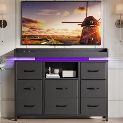 Zdjęcie produktu dla Komoda Moonbite RGB LED 108 cm z 8 szufladami z tkaniny i stacją ładującą, czarna
