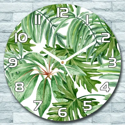 Produktbild von Wanduhr aus Glas Rund fi 30 Tropische Blätter Quarz Deko Wohnzimmer Büro