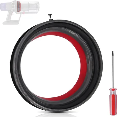 A close-up of a vacuum cleaner dustbin seal ring and a screwdriver, with a faint outline of a vacuum cleaner in the background.