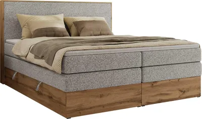 Produktbild von MKS MEBLE Boxspringbett WOOD CLASSIC KING, Doppelbett mit zwei Multipocket-Matratze und Topper T25, hohe Kopfteil, Stauraum - 180 x 200 cm - H3 - Hellgrau Struktur