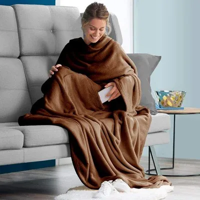 Immagine prodotto di Coperta per TV Unyqoos® con maniche e sacco per i piedi, in morbida microfibra di pile, color corallo, antistatica, dimensioni 170 x 200 cm