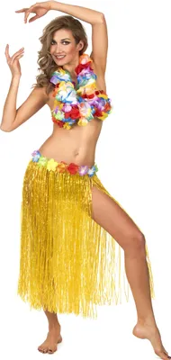 A woman wearing a hula costume.
