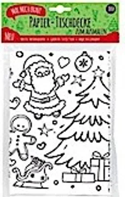 A packaged paper tablecloth with Christmas-themed drawings for coloring.
