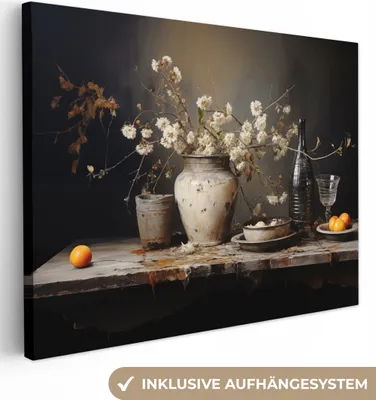 Produktbild von MuchoWow® - Leinwandbilder - Stilleben - Blumen - Blumenstrauß - Vase - Wein, Wandbild, Wanddeko Bilder Wohnzimmer, 80x60 cm