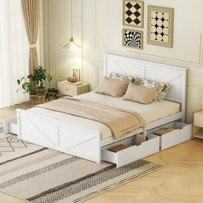 A bedroom scene with a white bed, nightstand, and plants.