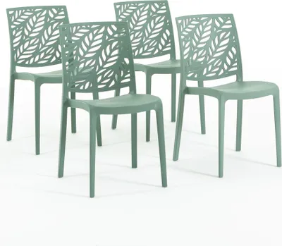 Four green chairs with a leaf pattern on the backrests are arranged on a white background.