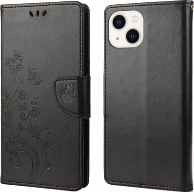 Produktbild von Mobigear Flowers iPhone 14 Schutzhülle, Klapphülle mit Geldbörsenfunktion - Schwarz