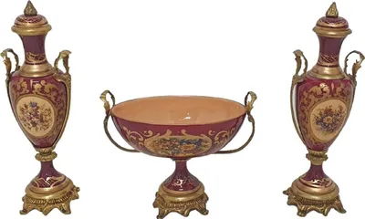 Produktbild von Casa Padrino Barock Deko Keramik Vasen Set mit Schale Rot / Mehrfarbig / Messing - Prunkvolle Deko im Barockstil - Barock Möbel - Barock Deko Accessoires - Edel & Prunkvoll