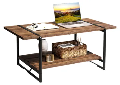 Obrázek produktu pro Konferenční stolek s úložným prostorem - dvoustupňový design - kovová konstrukce - robustní a stylový - barva ořech