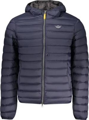 A studio shot of a navy blue puffer jacket with a hood.