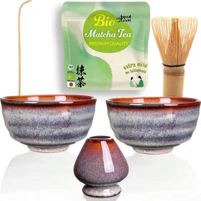Obrázek produktu pro Matcha duo set "Uji" se 2 miskami, metlickou, držákem a matcha práškem + kokosovým latté – ideální sada pro dva a zacátecníky