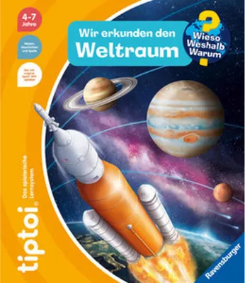 A rocket launching into space with planets and stars in the background.
