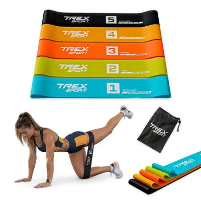 Produktbild von TREX SPORT Gymnastikband 5 Stück Set TX-065RBV Widerstandsband | Fitnessband 100% Latex, 1-18 kg, robust, elastisch | Resistance Band Neon
