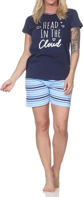 Produktbild von Normann Damen Schlafanzug kurzarm Shorty Pyjama mit kurzer Pyjamahose in Streifenoptik ; navy , 40