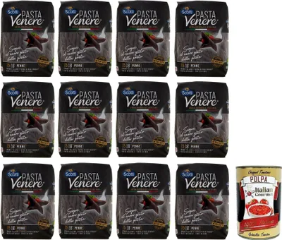 Produktbild von 12x Riso Scotti Pasta Venere Penne Rigate,Pasta aus Hartweizengrieß und Schwarzem Venere-Vollkornreismehl,Packung mit 400g + Italian Gourmet Polpa di Pomodoro 400g Dose