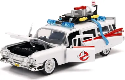 Productafbeelding van Jada Toys Ghostbusters ECTO-1, modelauto, speelgoedauto van metaal, met deuren, kofferbak en motorkap die open kunnen, schaal 1:24, wit