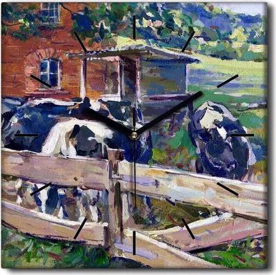 Produktbild von Coloray Uhr auf Leinwand 30x30 cm Wand Uhr Dekoration Wohnzimmer Segeltuch schwarze Hände -Landschaft eines Kuhdorfes