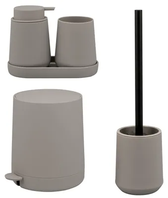 Image de Ensemble de salle de bain 5 pièces eluno TESERO comprenant un distributeur de savon, un gobelet, un bol, une poubelle cosmétique de 4 litres et un ensemble brosse WC, en plastique marron