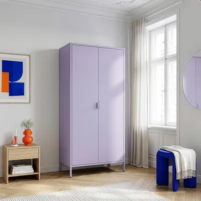 Image de Armoire « Esteli » à 2 portes, 170 x 80 x 45 cm, 2 tringles à vêtements, 4 étagères réglables en hauteur, acier, violet clair