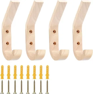 Produktbild von 4 Stück Kleiderhaken Holz J-Typ, Wandhaken Garderobenhaken Holzhaken