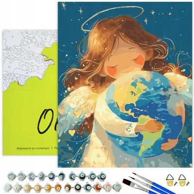 Immagine prodotto di Oh Art! Dipingi per numeri Angelo con Terra 50x40 cm tela con cornice 30 colori pennello acrilico set fai da te per adulti e bambini