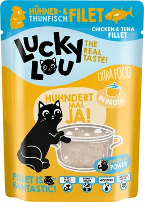 Produktbild von Lucky Lou Extrafood Hühner- & Thunfischfilet in Sud  Katzenfutter Katzennassfutter Futterergänzung
