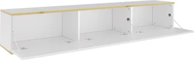 A white TV lowboard with gold trim and three open doors, shown against a white background.