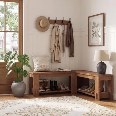 Produktbild von L-förmige Eck-Schuhbank, Holzbank für den Eingangsbereich mit Stauraum, 120 cm lange Eckbank im Landhausstil, Eckbank aus Massivholz, Eingangsbereich