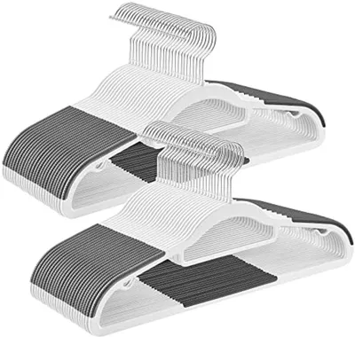 Produktbild von PolkaHome® 50 Kleiderbügel aus robustem Kunststoff mit Antirutsch-Design, platzsparend, 0,6 cm dick, 360° drehbar, Länge 42 cm, Weiß und